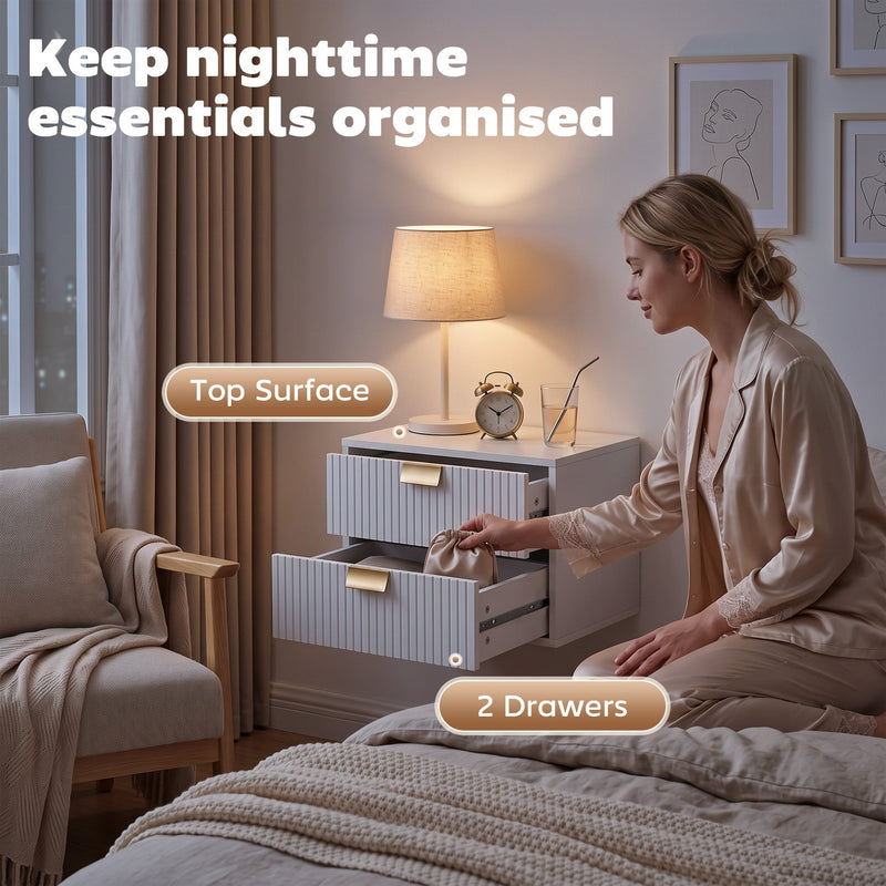 Woman opening the lower drawer of the white unit, top surface and 2 drawers labelled