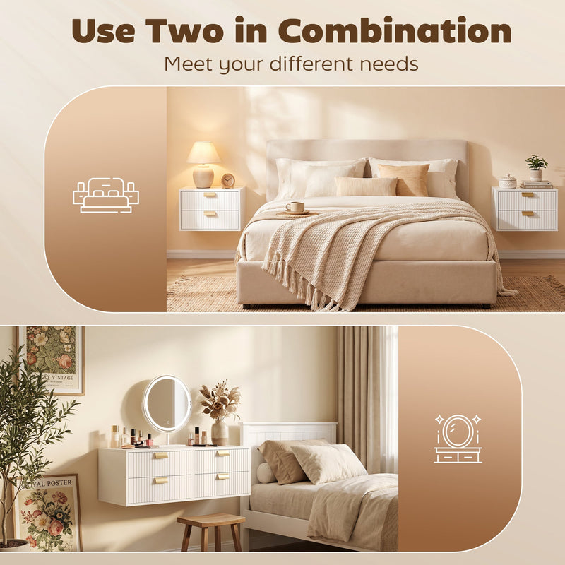 Two white units shown as a bedside pair and stacked as a wall mounted dressing table