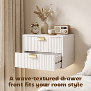 Close-up of the fluted drawer front with the lower drawer pulled open