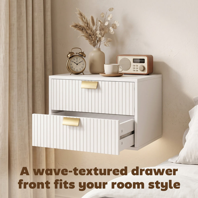 Close-up of the fluted drawer front with the lower drawer pulled open