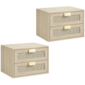 Set of 2 oak floating bedside tables with rattan drawer fronts and gold handles