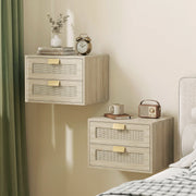 Two oak rattan bedside tables wall mounted at different heights in a bedroom