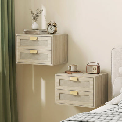 Two oak rattan bedside tables wall mounted at different heights in a bedroom