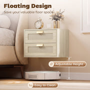 Floating design graphic with a robot vacuum passing under the oak bedside table