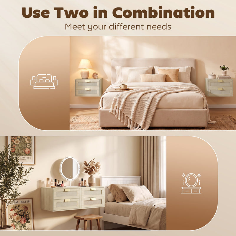 Two oak rattan units shown as a bedside pair and stacked as a dressing table