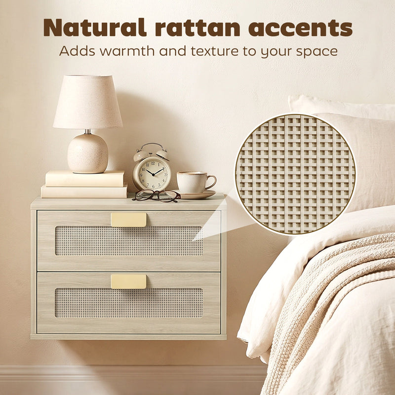 Close-up of the woven natural rattan drawer panel beside a lamp and clock