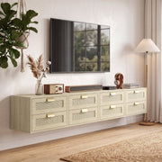 Four oak rattan units joined along a wall as a floating media unit under a TV