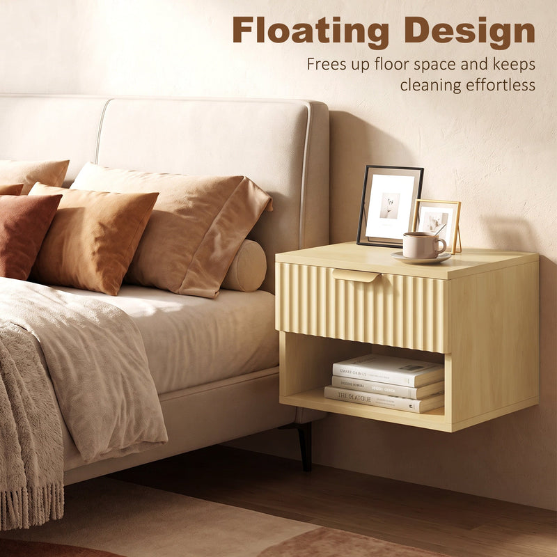Floating nightstand mounted above the floor beside a bed frame
