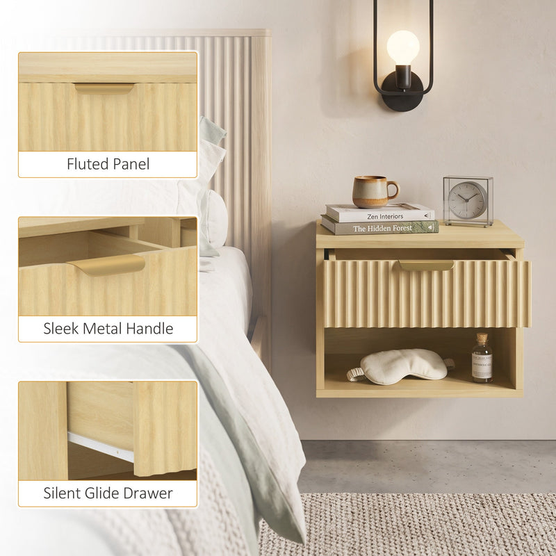 Close-up callouts of the fluted panel, metal handle and drawer slide