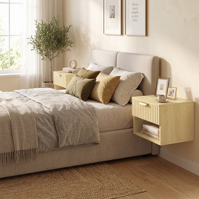Oak nightstands either side of a bed in a sunlit bedroom
