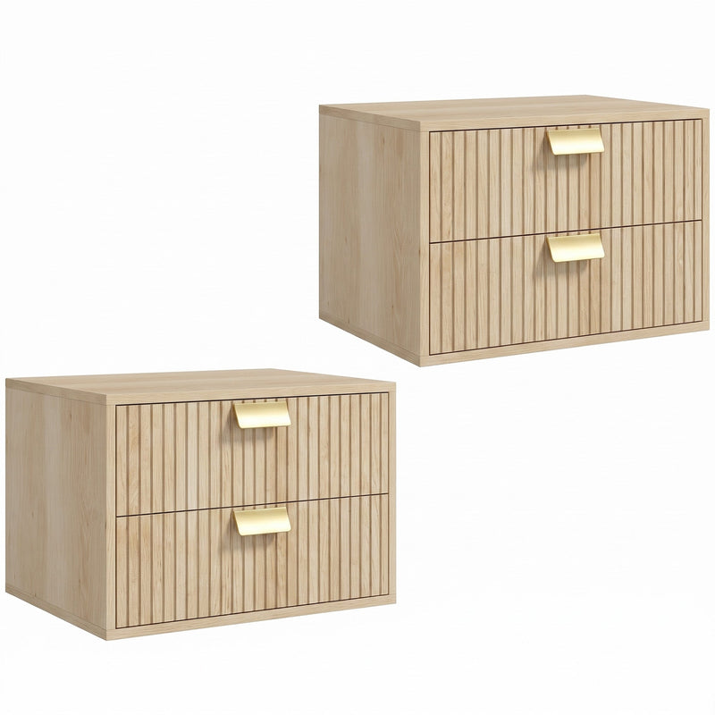 Two Homcom oak nightstands shown stacked and upright on a white background