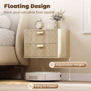 Floating design graphic showing a robot vacuum passing under the wall-mounted nightstand
