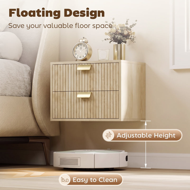 Floating design graphic showing a robot vacuum passing under the wall-mounted nightstand