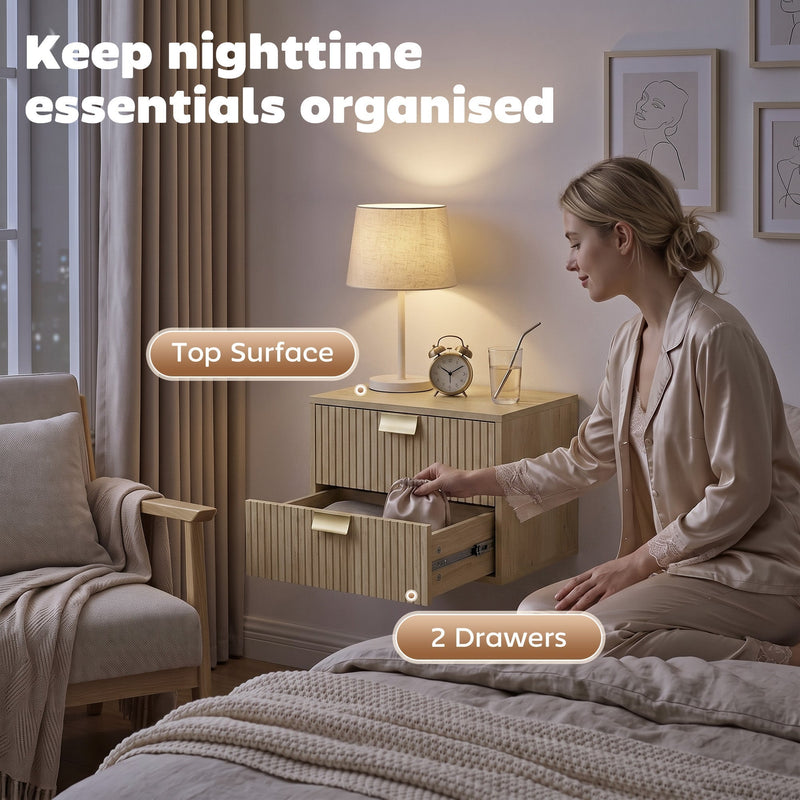 Woman opening the lower drawer of an oak nightstand with the top surface and 2 drawers labelled