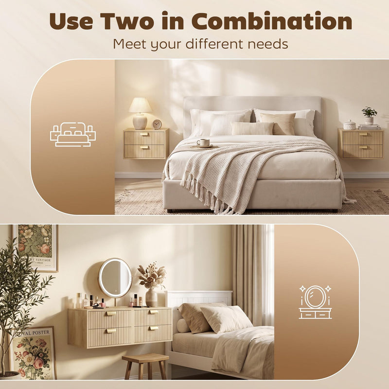 Two oak nightstands shown as a bedside pair, a stacked display unit, and a dressing table with mirror
