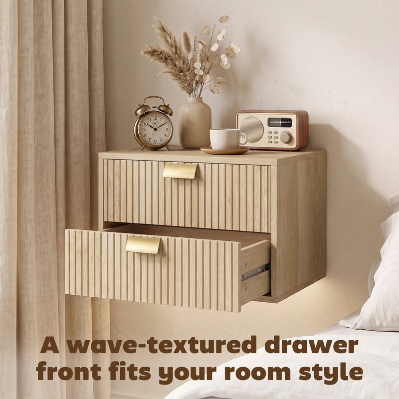 Close-up of the wave-textured oak drawer front with the lower drawer open