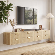 Four oak nightstands joined along a wall as a floating TV media unit