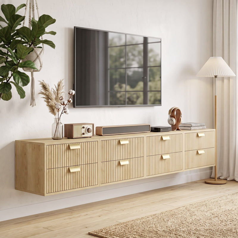 Four oak nightstands joined along a wall as a floating TV media unit