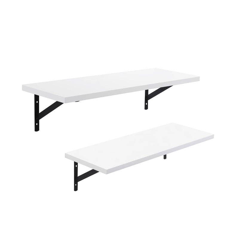Set of 2 white floating wall shelves with black metal support brackets
