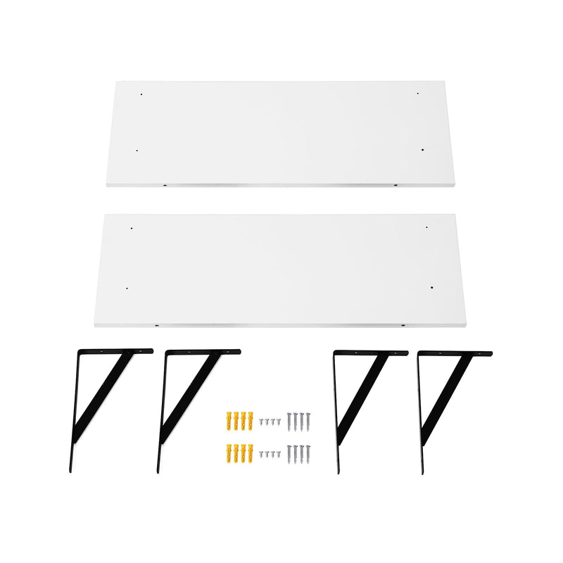 Two shelf boards, 4 metal brackets, screws and wall plugs included in the box