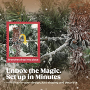 Hinged branches of the flocked Christmas tree dropping into place
