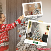 Woman decorating the 6ft flocked Christmas tree with a 20 to 25 minute assembly time shown