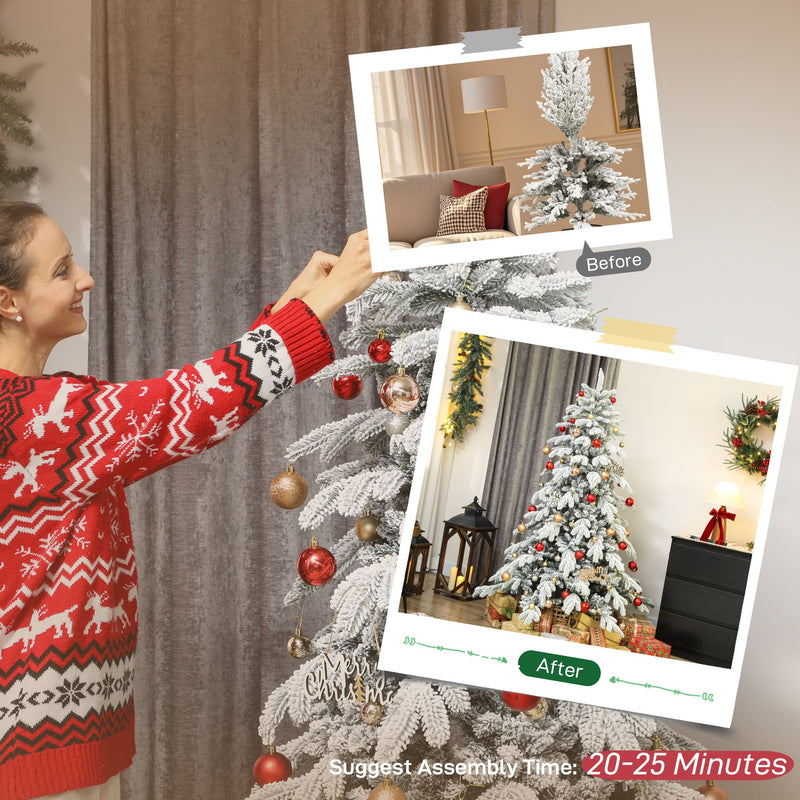 Woman decorating the 6ft flocked Christmas tree with a 20 to 25 minute assembly time shown