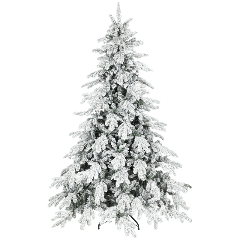 7ft green and white flocked Christmas tree on a plain white background