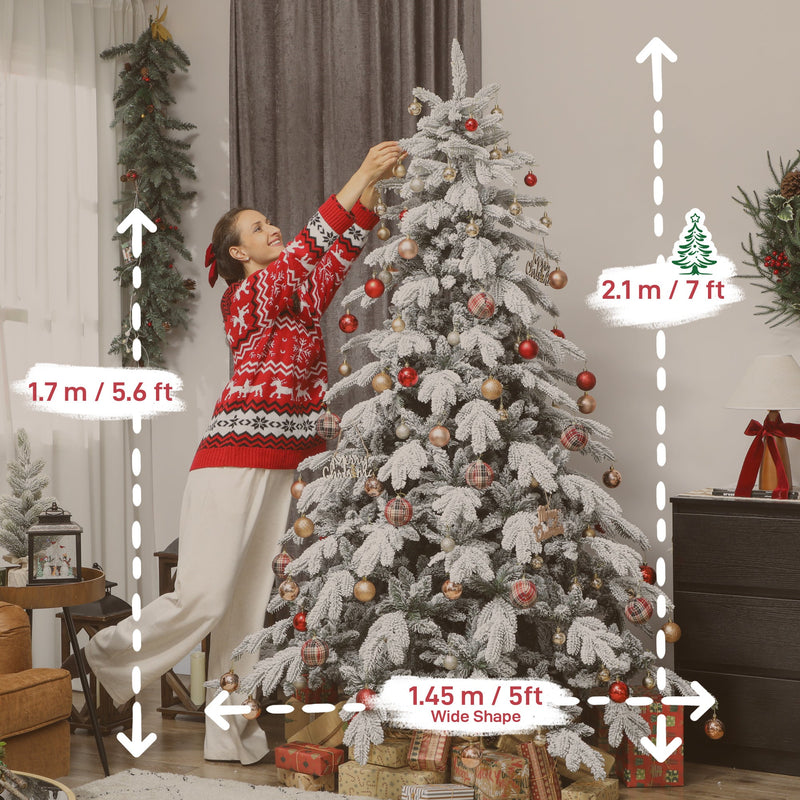 Dimensions diagram for the 7ft flocked Christmas tree: 210 cm high and 145 cm wide