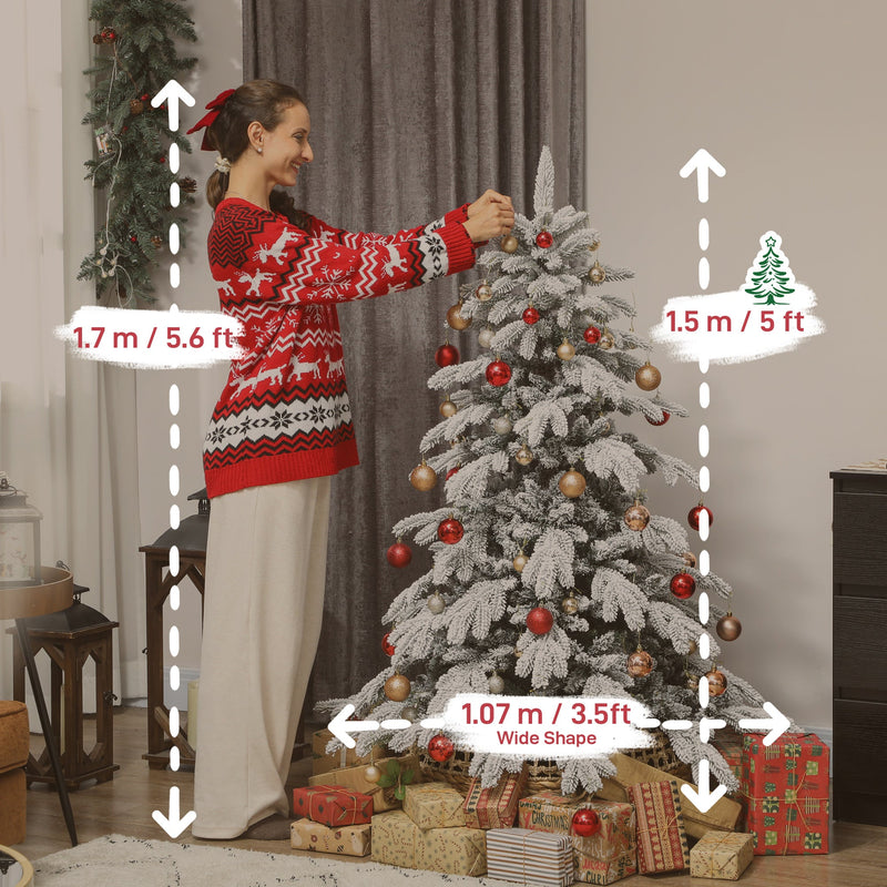 Dimensions diagram for the 5ft flocked Christmas tree: 150 cm high and 107 cm wide