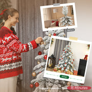 Woman decorating the 5ft flocked Christmas tree with a 15 minute assembly time shown