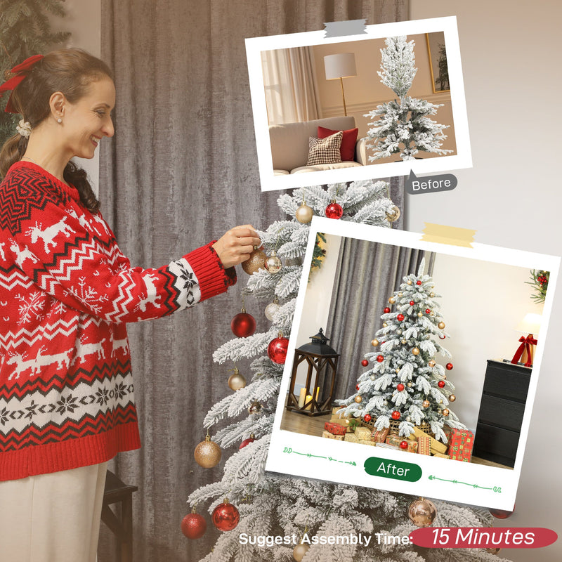 Woman decorating the 5ft flocked Christmas tree with a 15 minute assembly time shown