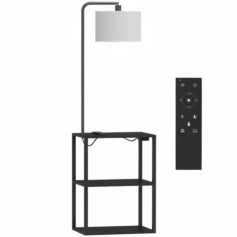 Black floor lamp with 3-tier shelf table, white fabric shade and remote control on a white background