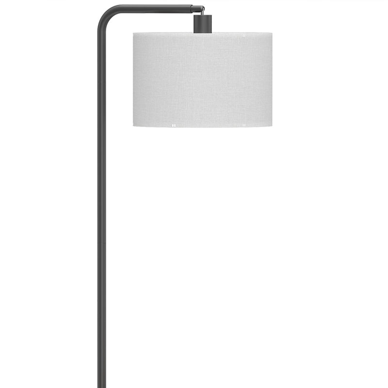 Close-up of the curved black arm and white fabric lampshade