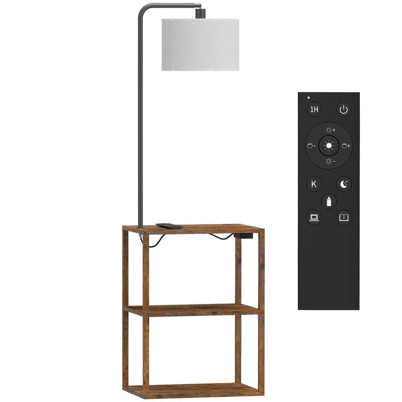 Rustic brown floor lamp with 3-tier shelf table, white fabric shade and remote control on a white background
