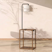 Dimensions diagram of the rustic brown floor lamp showing 150 cm height, 48 x 34 cm shelf table and 30 x 22 cm shade