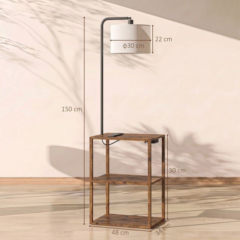 Dimensions diagram of the rustic brown floor lamp showing 150 cm height, 48 x 34 cm shelf table and 30 x 22 cm shade