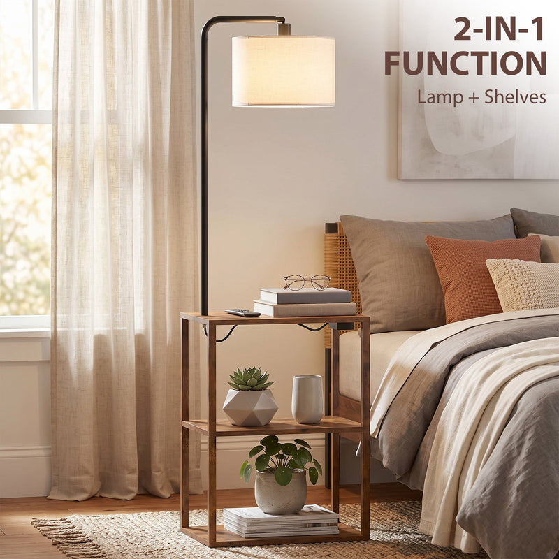Rustic brown 2-in-1 floor lamp and shelves beside a bed with books and houseplants