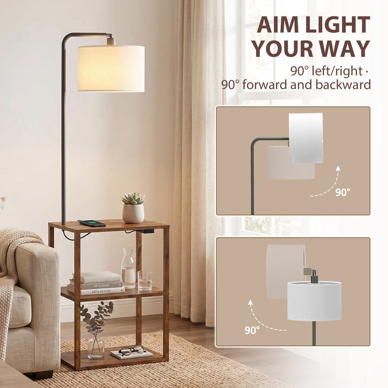 Rustic brown lamp with shade swivelling 90 degrees sideways and tilting 90 degrees