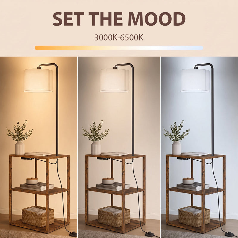 Rustic brown floor lamp shown in warm, neutral and cool light from 3000K to 6500K