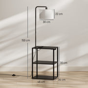 Dimensions diagram of the black floor lamp showing 150 cm height, 48 x 34 cm shelf table and 30 x 22 cm shade