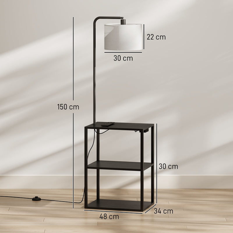 Dimensions diagram of the black floor lamp showing 150 cm height, 48 x 34 cm shelf table and 30 x 22 cm shade