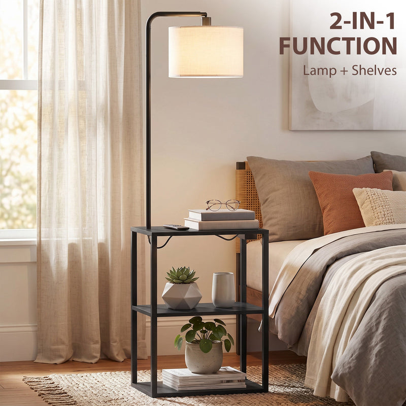 Black 2-in-1 floor lamp and shelves beside a bed with books and houseplants