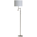 Silver floor lamp with white linen shade and built-in reading light on a white background