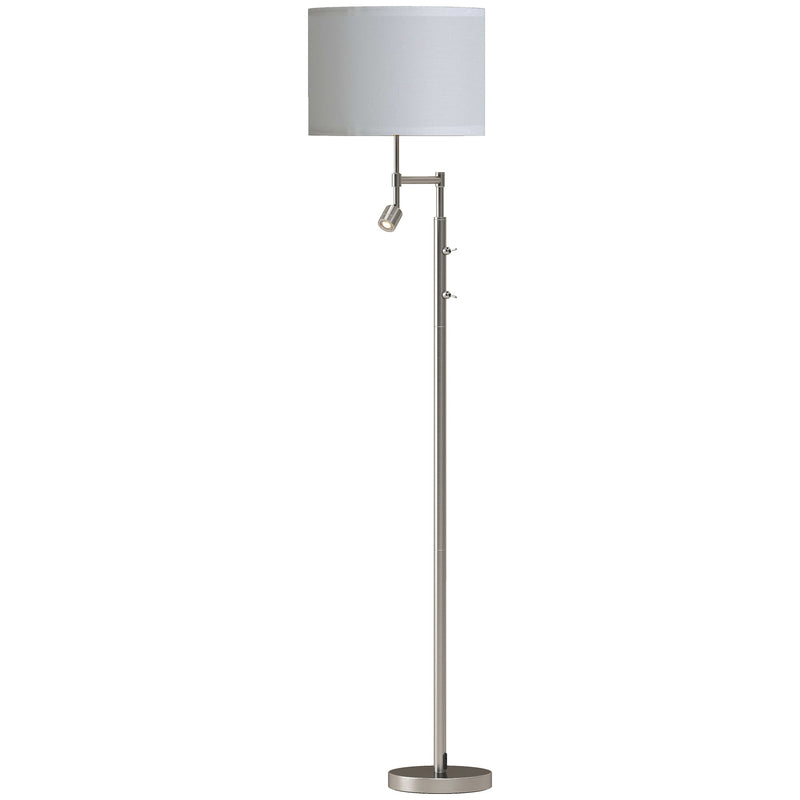 Silver floor lamp with white linen shade and built-in reading light on a white background