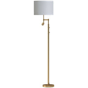 Gold floor lamp with white linen shade and built-in reading light on a white background