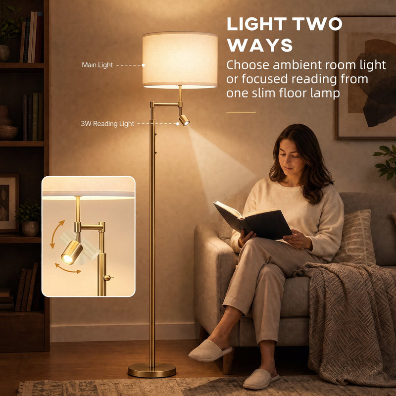 Woman reading in an armchair by the gold floor lamp with its focused reading light on