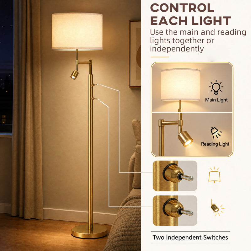 Two independent switches on the gold lamp pole for the main light and reading light