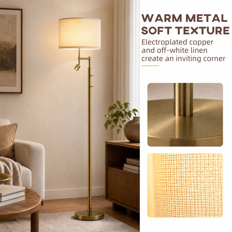 Gold metal base and linen shade texture close-ups beside the floor lamp in a living room