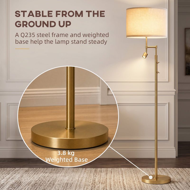 Close-up of the 3.8 kg weighted base on the gold floor lamp